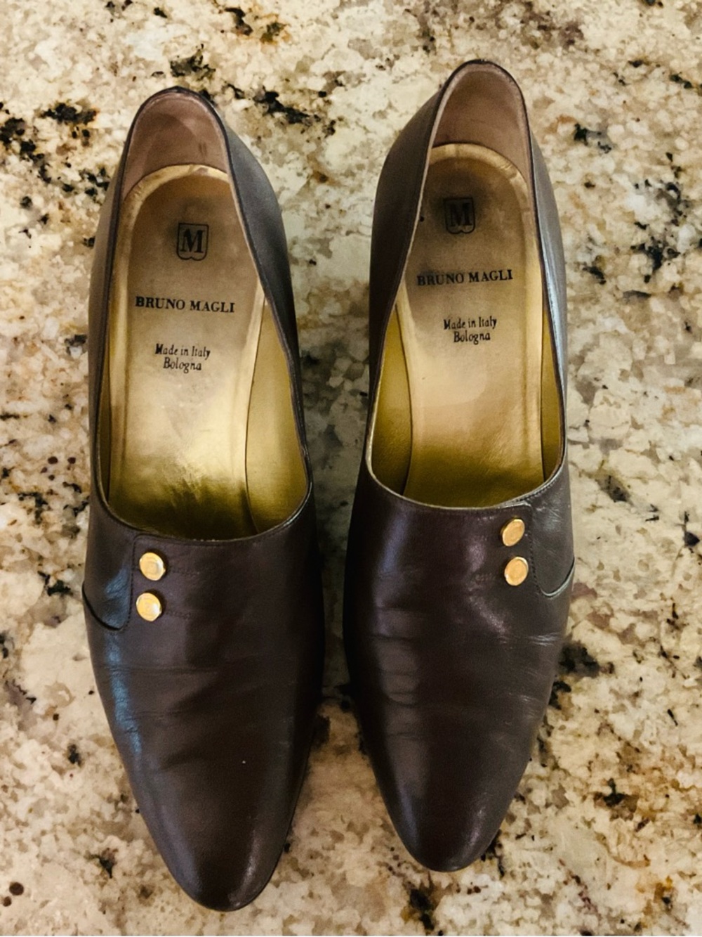 Bruno Magli Dark Brown Leather Slip-On Dress Shoes with Gold Buttons
